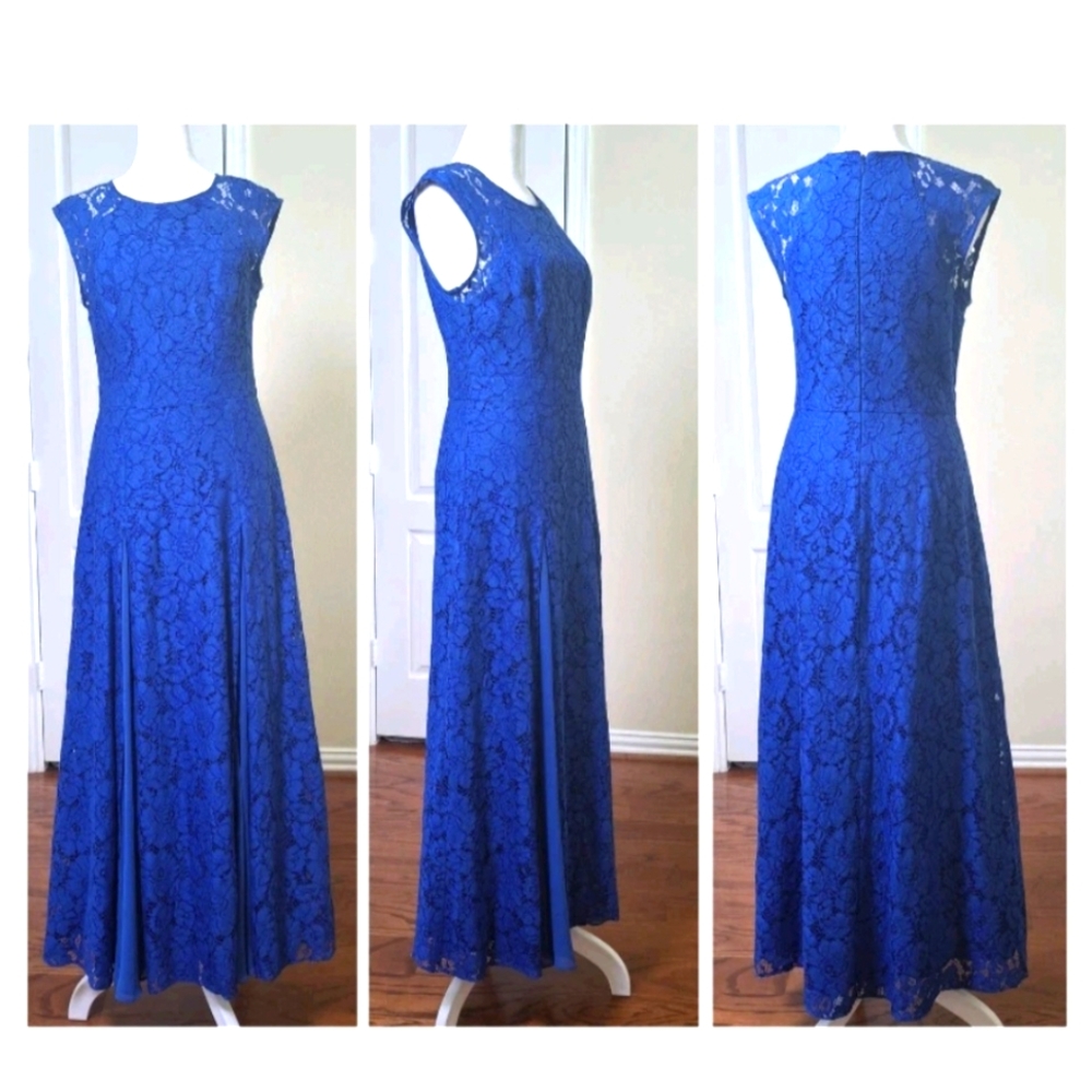 Aqua Dresses Blue Lace Fitted A-Line Fit Flare Maxi Dress 6 Party Wedding Guest